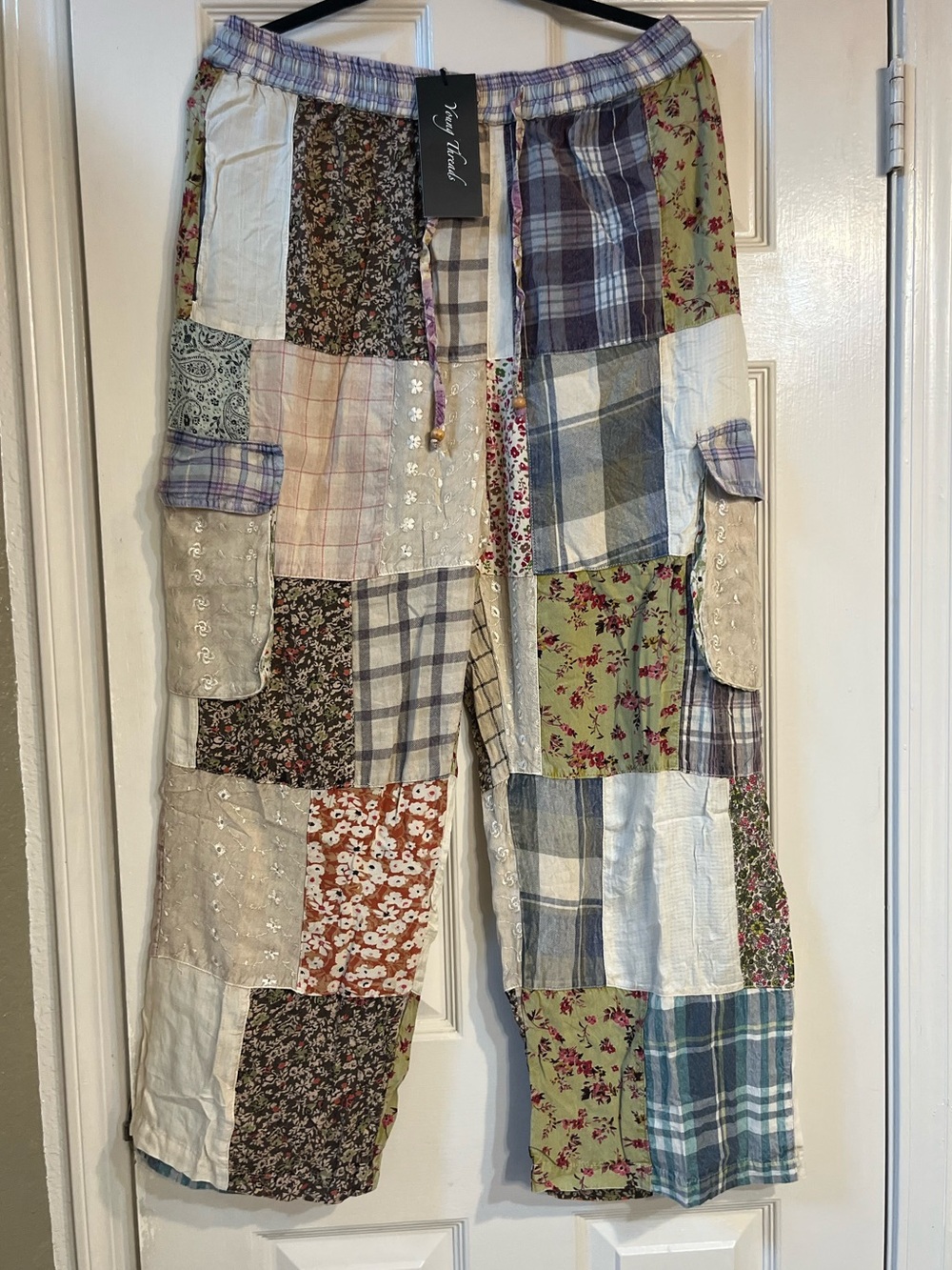 NWT Young Threads Patchwork Floral & Plaid Cargo Pants